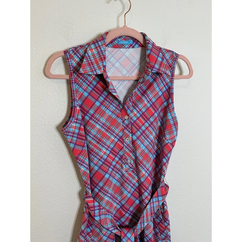 J. McLaughlin Catalina Cloth Sleeveless Dress Size S Red Blue Plaid Belted - Picture 4 of 8